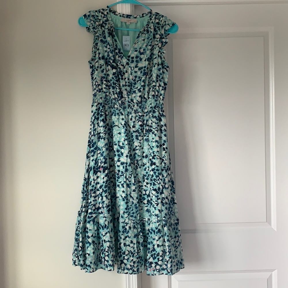 NWT Loft Shimmer Floral Ruffle Sleeve Flare Dress
